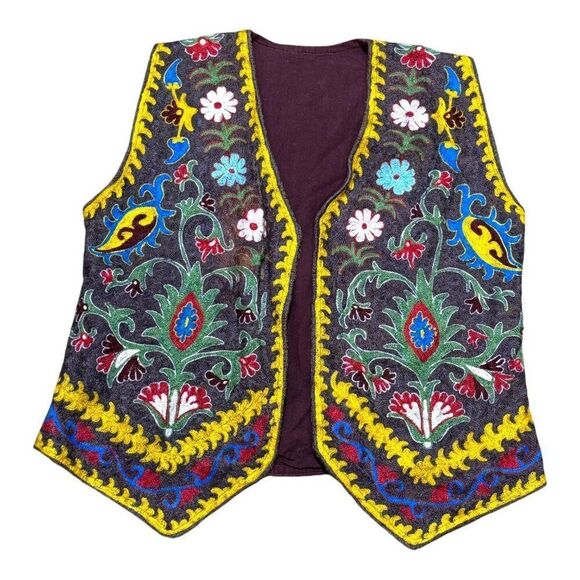 Vtg 60s Uzbek Textile Embroidered Vest S M Black Tulip Boho Kitsch Y2K Handmade - Picture 2 of 6